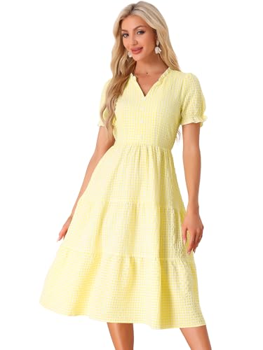 Allegra K Damen Gingham Kleid Rüschen V-Ausschnitt Kariert Elegant Knopfdekor Stufen Sommerkleider Gelb XL von Allegra K