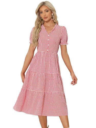 Allegra K Damen Gingham Kleid Rüschen V-Ausschnitt Kariert Elegant Knopfdekor Stufen Sommerkleider Rot M von Allegra K