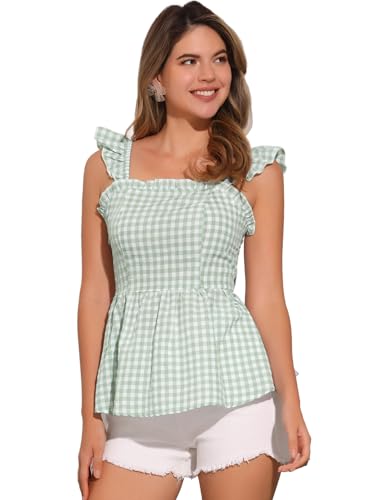 Allegra K Damen Gingham Schößchen Top Ärmellose Karierte Sommerbluse mit Quadratischem Ausschnitt helles Erbsengrün M von Allegra K