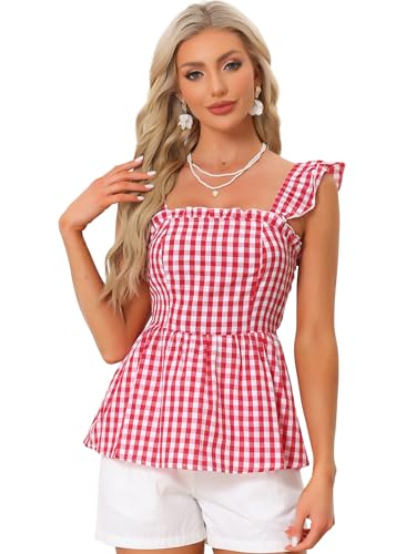 Allegra K Damen Gingham Schößchen Top Ärmellose Karierte Sommerbluse mit Quadratischem Ausschnitt Rot L von Allegra K
