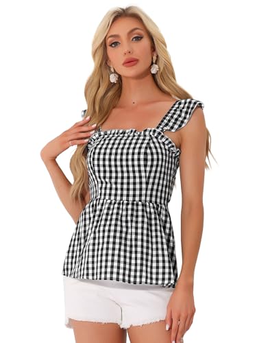 Allegra K Damen Gingham Schößchen Top Ärmellose Karierte Sommerbluse mit Quadratischem Ausschnitt Schwarz XL von Allegra K