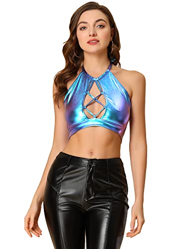 Allegra K Damen Tanktop Ärmellos Neckholder Rückenfrei Schnürung Party Club Holographic Crop Top Bluse Blau Lila S von Allegra K