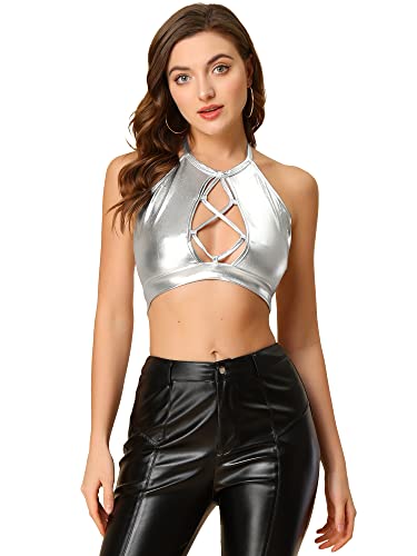 Allegra K Damen Tanktop Ärmellos Neckholder Rückenfrei Schnürung Party Club Holographic Crop Top Bluse Silber S von Allegra K