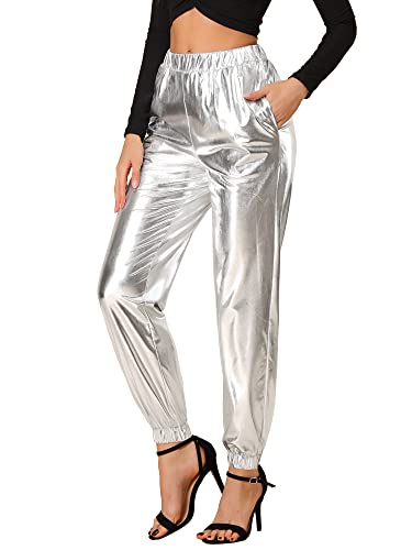 Allegra K Damen Glanz Metallisch Party Glänzend Hohe Taille Jogginghose Hose Silber 3XL von Allegra K