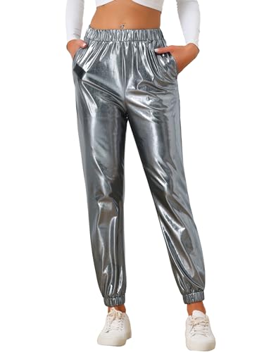 Allegra K Damen Glanz Metallisch Party Glänzend Hohe Taille Jogginghose Hose Silber Grau XS von Allegra K