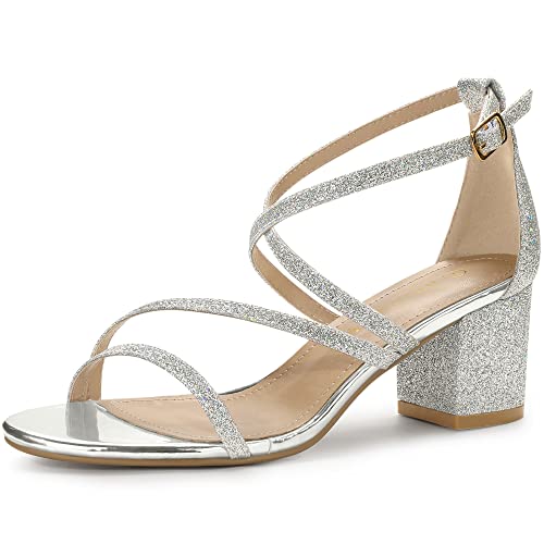 Allegra K Damen Glitter Crisscross Strap Chunky Heels Sandalen Silber 38 von Allegra K