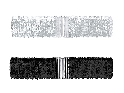 Allegra K Damen Glitter Stretch Taillengürtel Interlock Schnallen Pailletten Dekor Breite Elastische Gürtel 2 STÜCKE Silber 60cm/23.62" von Allegra K