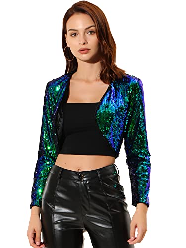 Allegra K Damen Glitzer Blazer Festliche Langarm Offen Pailletten Crop Jacke Grün XS von Allegra K