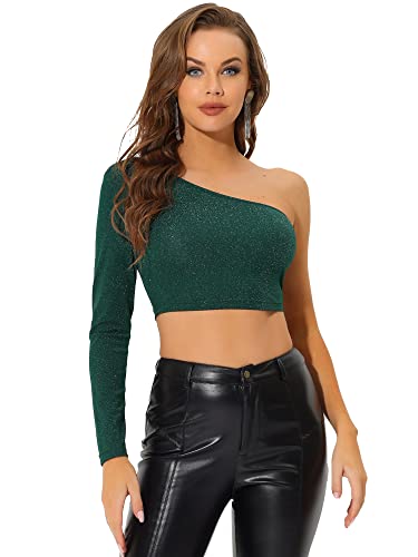 Allegra K Damen Langarm EIN-Schulter Party Clubwear Glänzend Glitter Crop Top Bluse Dunkelgrün L von Allegra K