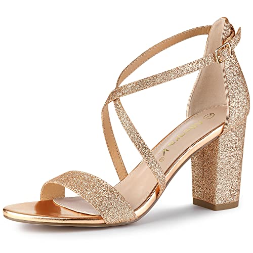 Allegra K Damen Glitzer Crisscross Riemen Blockabsatz Sandalen, Beige - rose gold - Größe: 41 EU von Allegra K