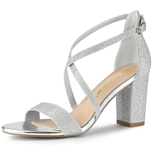 Allegra K Damen Glitzer Crisscross Riemen Blockabsatz Sandalen, Silber - silber - Größe: 37 EU von Allegra K