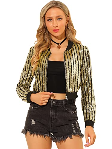 Allegra K Damen Glitzer Glitzer Langarm Front Reißverschluss Party Glänzend Crop Bomber Pailletten Jacken, gold, 46 von Allegra K