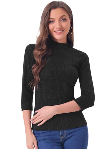 Allegra K Damen Glitzer Shirt Langarm Stehkragen Metallic Streifen Pailletten Pullover Oberteile Bluse Schwarz L von Allegra K
