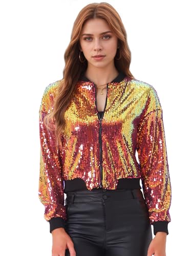 Allegra K Damen Glitzer Jacke Bomberjacke Pailletten Bomber Jacke Langarm Party Club Metallic Sequin Jacken Schwarz Gold M von Allegra K