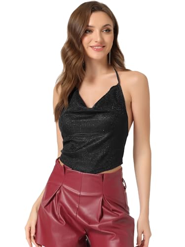 Allegra K Damen Glitzer Top Sexy Festival Outfit Rückenfreies Party Neckholder Bauchfrei, Cami-Tops Pailletten Oberteil Schwarz S von Allegra K