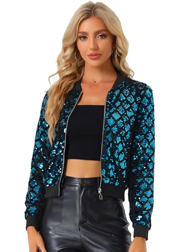 Allegra K Damen Glitzer Pailletten Bomberjacke Langarm Reißverschluss Party Club Kurze Jacke Blau S von Allegra K