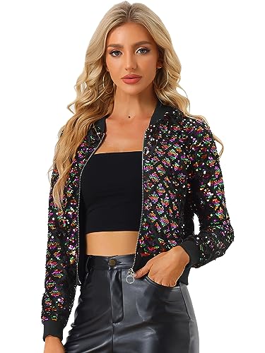 Allegra K Damen Glitzer Pailletten Bomberjacke Langarm Reißverschluss Party Club Kurze Jacke Bunt L von Allegra K