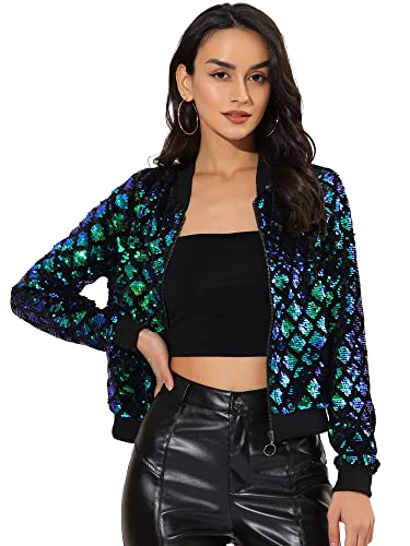 Allegra K Damen Party Glitzerjacke Bomberjacke Pailletten Glitzer Langarm Reißverschluss Club Kurze Jacke Grün L von Allegra K