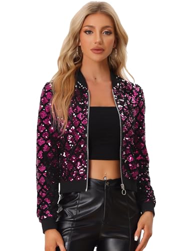 Allegra K Damen Glitzer Pailletten Bomberjacke Langarm Reißverschluss Party Club Kurze Jacke Heiß Rosa M von Allegra K