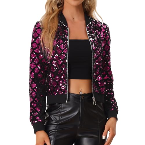 Allegra K Damen Party Glitzerjacke Bomberjacke Pailletten Glitzer Langarm Reißverschluss Club Kurze Jacke Heiß Rosa M von Allegra K