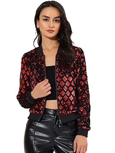 Allegra K Damen Glitzer Pailletten Bomberjacke Langarm Reißverschluss Party Club Kurze Jacke Rot L von Allegra K