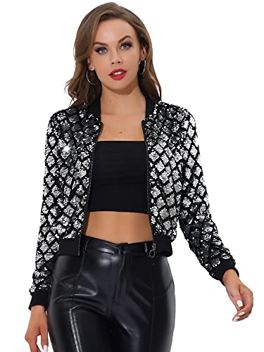 Allegra K Damen Glitzer Pailletten Bomberjacke Langarm Reißverschluss Party Club Kurze Jacke Splitter XS von Allegra K