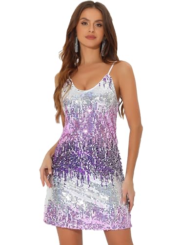 Allegra K Damen Glitzer Pailletten Kleid V-Ausschnitt Spaghettiträger Weihnachten Mini Party Kleid Clubwear, lila, silber, X-Groß von Allegra K