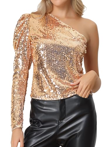 Allegra K Damen Glitzer Pailletten Top One Shoulder Puff Langarm Schimmer Tops Champagner Gold XL von Allegra K