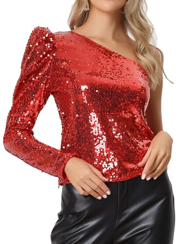 Allegra K Damen Glitzer Pailletten Top One Shoulder Puff Langarm Schimmer Tops Rot L von Allegra K