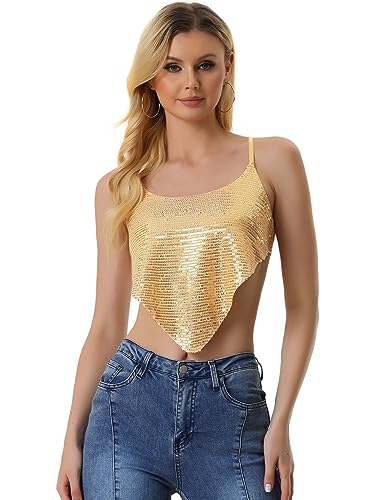 Allegra K Damen Glitzer Pailletten Top Spaghetti Cami Party Club Rückenfrei Tank Top Golden XL von Allegra K