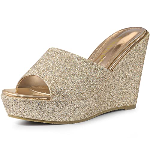 Allegra K Damen Glitzer Plateau Slip on Wedge Heels Sandalen, gold, 39 EU von Allegra K