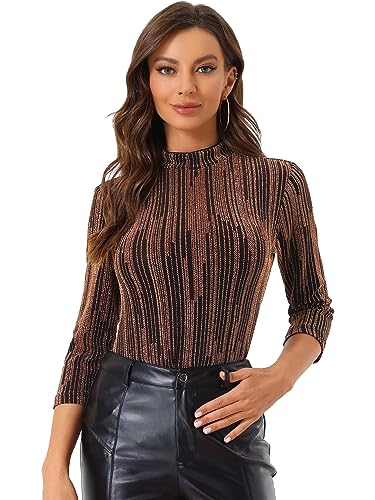 Allegra K Damen Glitzer Shirt Langarm Stehkragen Metallic Streifen Oberteile Bluse Orange XS von Allegra K