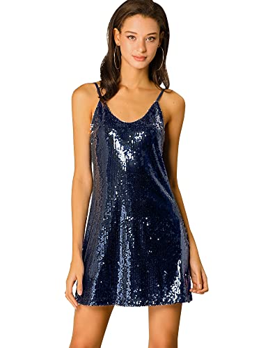 Allegra K Damen Glitzer Sparkle Verstellbare Träger Mini Party Pailletten Kleid - Blau - X-Groß von Allegra K