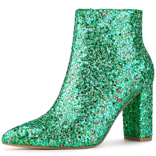 Allegra K Damen Glitzerstiefel mit spitzem Zehenbereich, klobiger Absatz, Kleeblatt, Grün, 38 EU von Allegra K