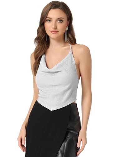 Allegra K Damen Glitzer Top Sexy Festival Outfit Rückenfreies Party Neckholder Bauchfrei, Cami-Tops Pailletten Oberteil Silber XL von Allegra K