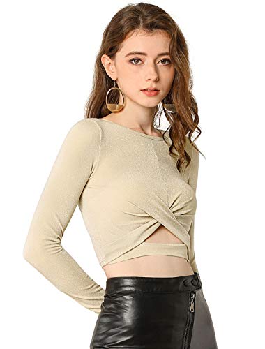 Allegra K Damen Glitzer Tops Twist Langarm Cut Out Front Slim Fitted Crop Top - Beige - Mittel von Allegra K