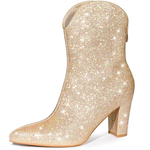 Allegra K Damen Glitzer V Form Spitze Zehe Rücken Reißverschluss Block Heels Mid Calf Boots, Gold, 39 EU Allegra K Damen Glitzer V Form Spitze Zehe Rücken Reißverschluss Block Heels Mid Calf Boots, Gold, 39 EU von Allegra K
