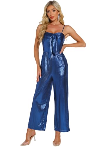 Allegra K Damen Glitzern V-Ausschnitt-Jumpsuit Ärmellos Spaghettiträger Camisole Spielanzug Jumpsuit Party-Clubwear Bodysuit Blau S von Allegra K
