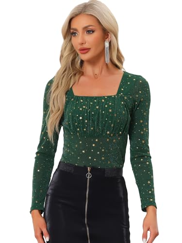 Allegra K Damen Glitzernd Mesh Oberteil Quadratischem Ausschnitt Gerafften Metallic Sternen Top Bluse Dunkel Grün S von Allegra K