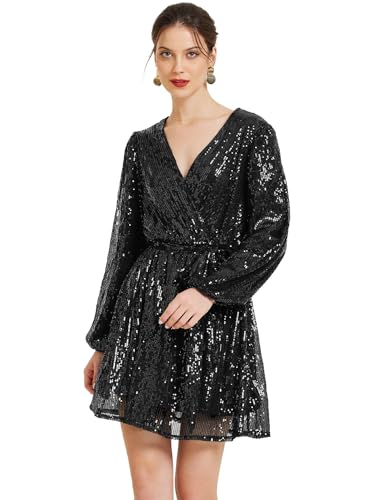 Allegra K Damen Glitzerndes Paillettenkleid V-Ausschnitt Langarm Taillenbund A-Linie Mini Partykleider Schwarz XL von Allegra K