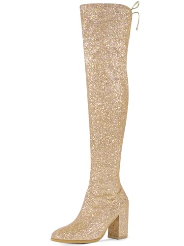 Allegra K Damen Glitzerstiefel mit rundem Zehenbereich, klobiger Absatz, Overknee-Stiefel, gold, 38.5 EU von Allegra K
