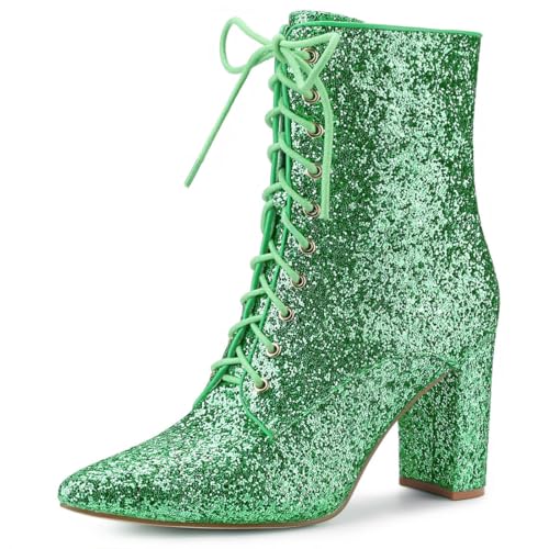 Allegra K Damen Glitzerstiefel mit spitzem Zehenbereich, Blockabsatz, Halloween-Stiefeletten, Grün , 37.5 EU von Allegra K