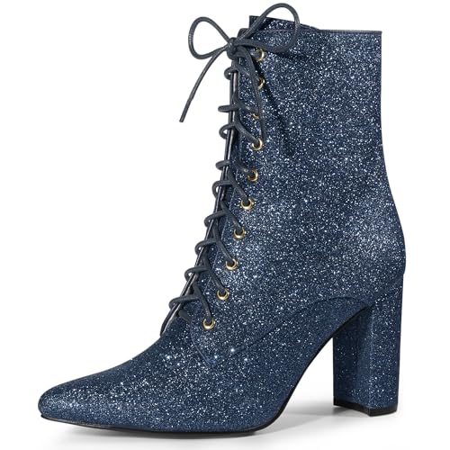 Allegra K Damen Glitzerstiefel mit spitzem Zehenbereich, Blockabsatz, Halloween-Stiefeletten, Marineblau, 37.5 EU von Allegra K