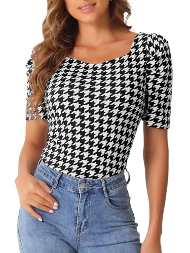 Allegra K Damen Hahnentritt Arbeitsbluse Puffärmel Wuadratischer Ausschnitt Lässige Bluse Oberteil Schwarz S von Allegra K