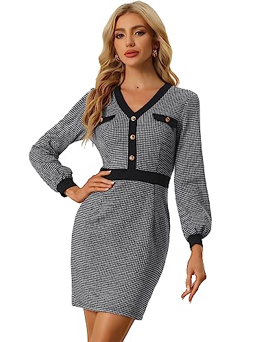 Allegra K Damen Langarm Kleid V-Ausschnitt Knielang Minikleid Elegant Etuikleid Schwarz L von Allegra K