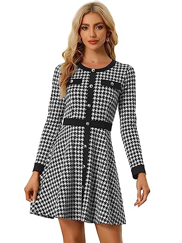 Allegra K Damen Hahnentritt Plaid Kontrastfarbe Rundhalsausschnitt Knopfleiste vorne elegant A-Linie Kleid, Schwarz, Mittel Allegra K Damen Hahnentritt Plaid Kontrastfarbe Rundhalsausschnitt Knopfleiste vorne elegant A-Linie Kleid, Schwarz, Mittel von Allegra K