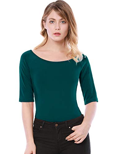 Allegra K Damen Halbarm Bluse T-Shirt Rundhals Slim Fit Einfarbig Oberteil Dunkelgrün M von Allegra K