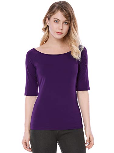 Allegra K Damen Halbarm Bluse T-Shirt Rundhals Slim Fit Einfarbig Oberteil Dunkelviolett L von Allegra K