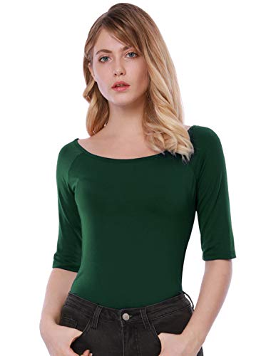 Allegra K Damen Halbarm Bluse T-Shirt Rundhals Slim Fit Einfarbig Oberteil Olivgrün XL von Allegra K