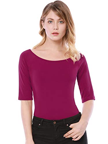 Allegra K Damen Halbarm Shirt Bluse Rundhals Slim Fit T-Shirt Einfarbig Basic Oberteil Fuchsie L von Allegra K